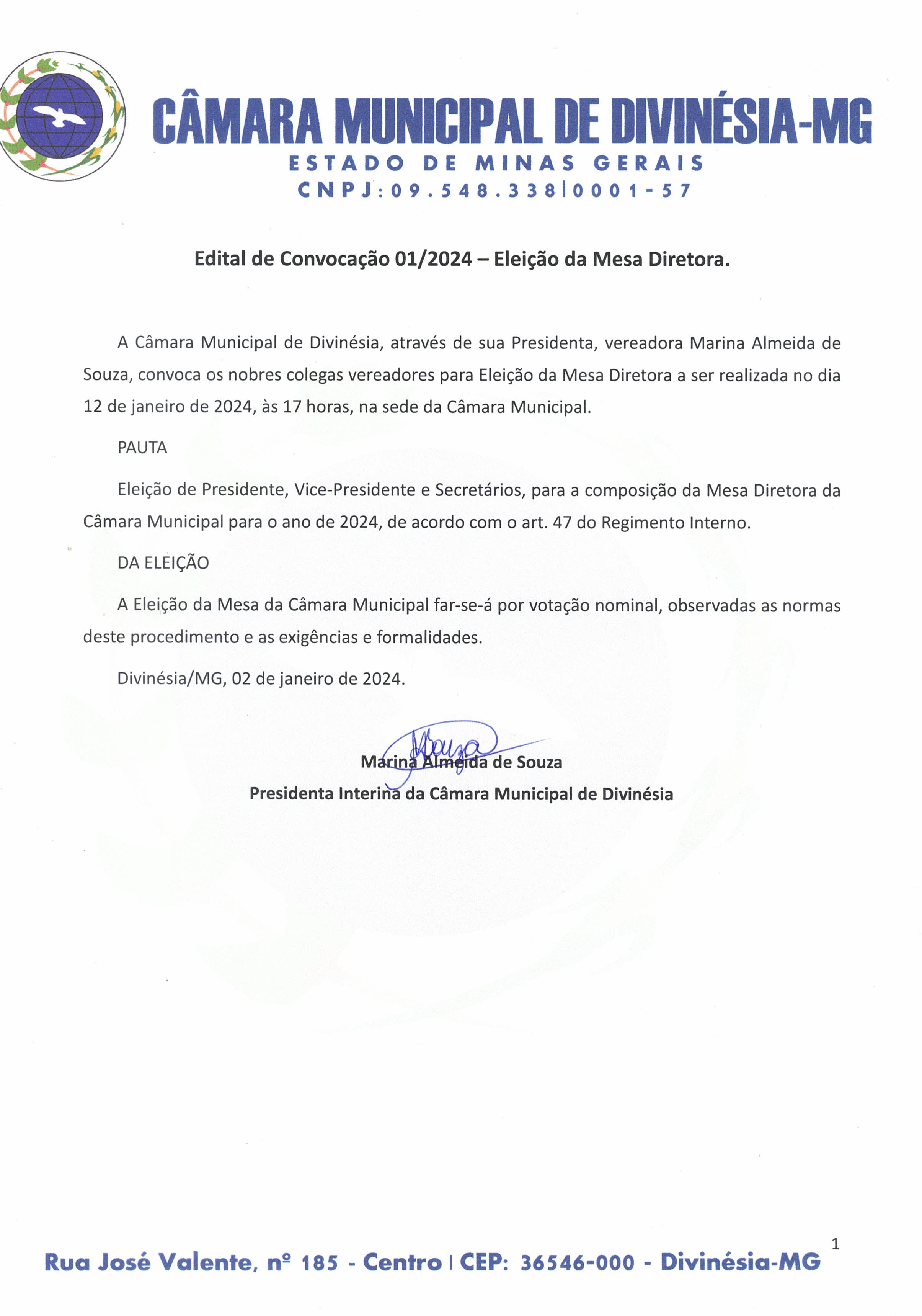 Edital de Convocação 01/2024 - Eleição da Mesa Diretora.