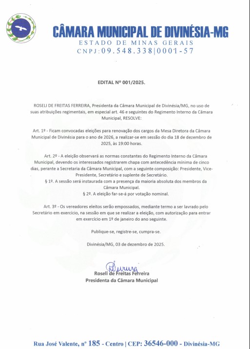 Edital de Convocação 01/2025 - Eleição da Mesa Diretora