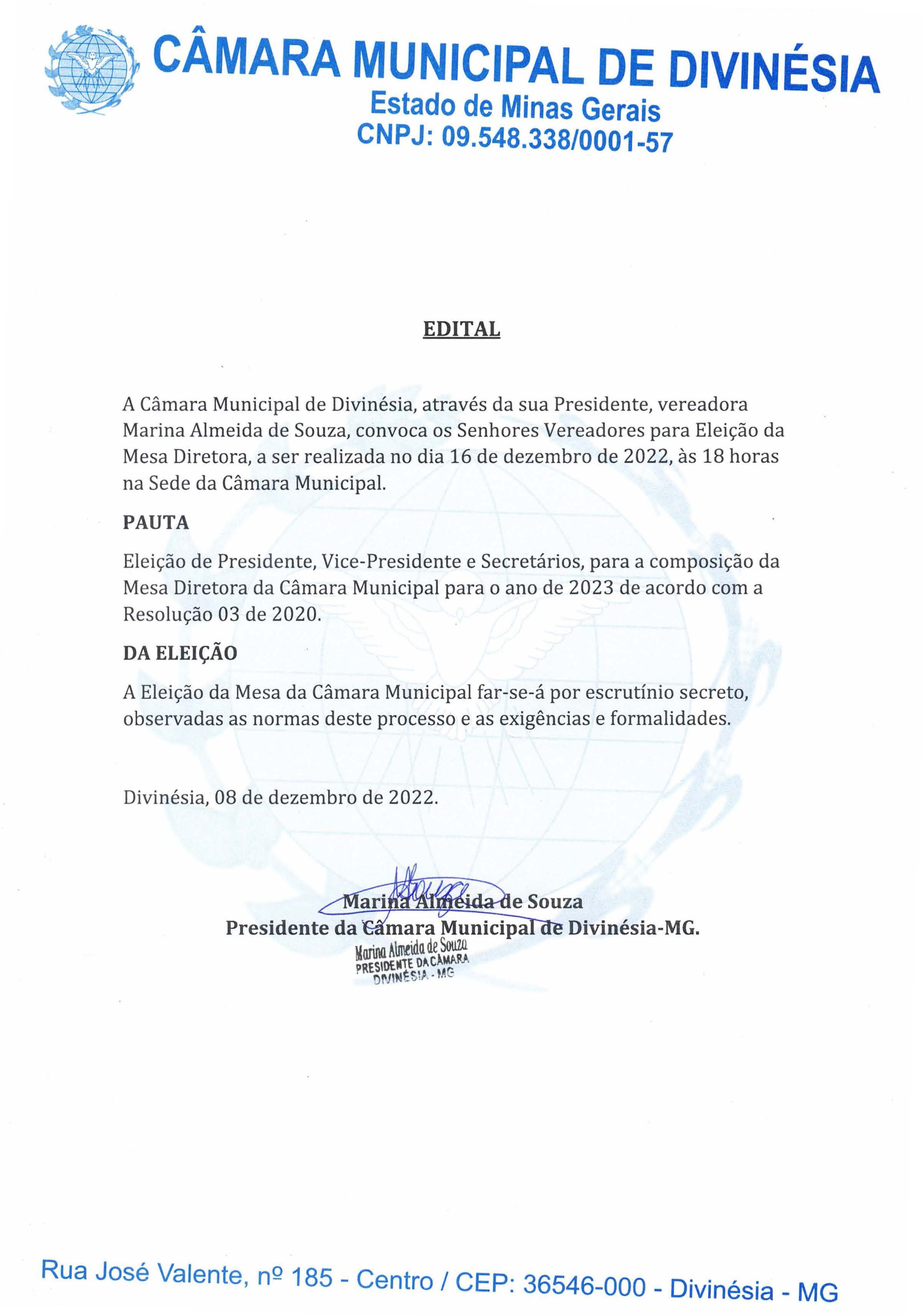 Edital de eleição de Presidente, Vice-Presidente e Secretários, para a composição da Mesa Diretora da Câmara Municipal para o ano de 2023