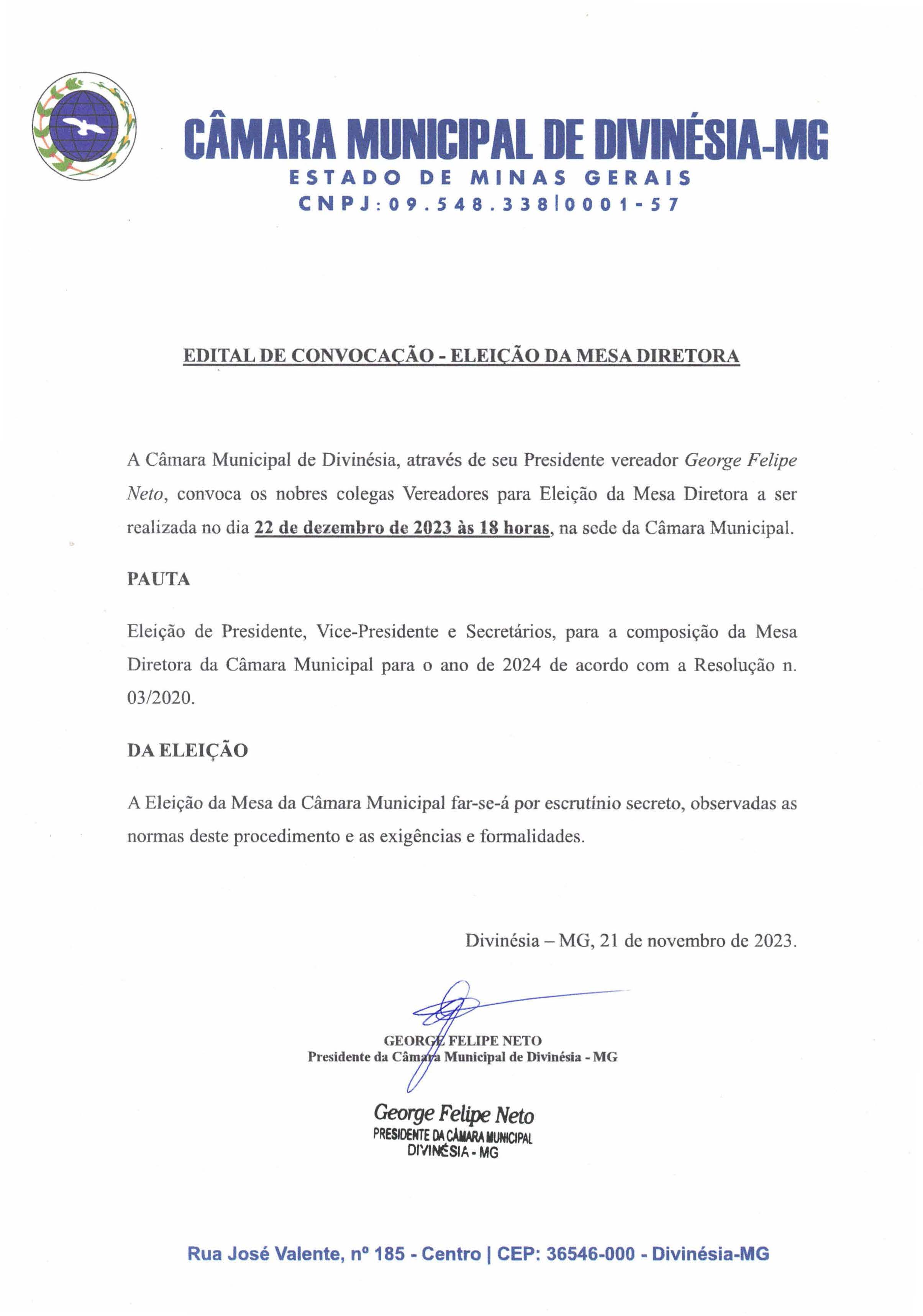 Edital de eleição de Presidente, Vice-Presidente e Secretários, para a composição da Mesa Diretora da Câmara Municipal para o ano de 2024